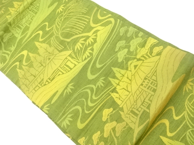 リサイクル　手織り紬家屋風景模様織出し名古屋帯